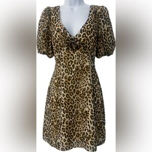 WAYF Animal Print Puff Sleeve Mini Dress Women Size XS Black Brown